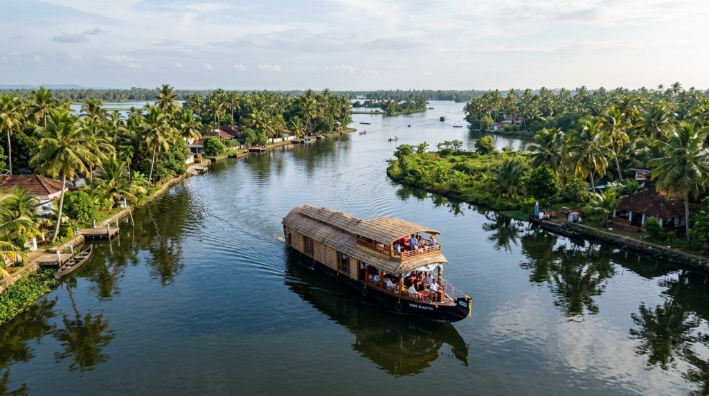 Aerial view of a houseboat on a broad canal between villages and coconut groves