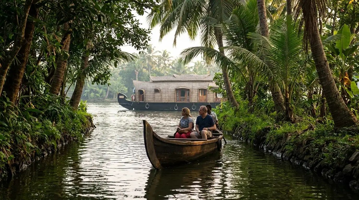 A wooden canoe on a narrow green canal, with a houseboat further along under the palms